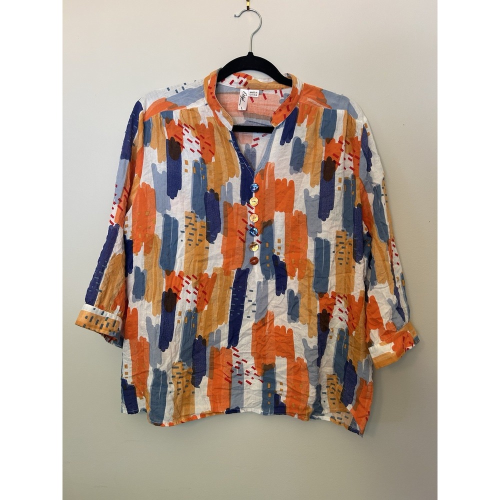 Relaxed Brushstroke Button-Front Blouse in Orange & Blue